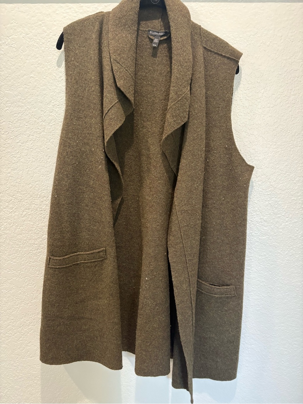 Eileen Fisher Olive-Brown Wool Sleeveless Open-Front Vest